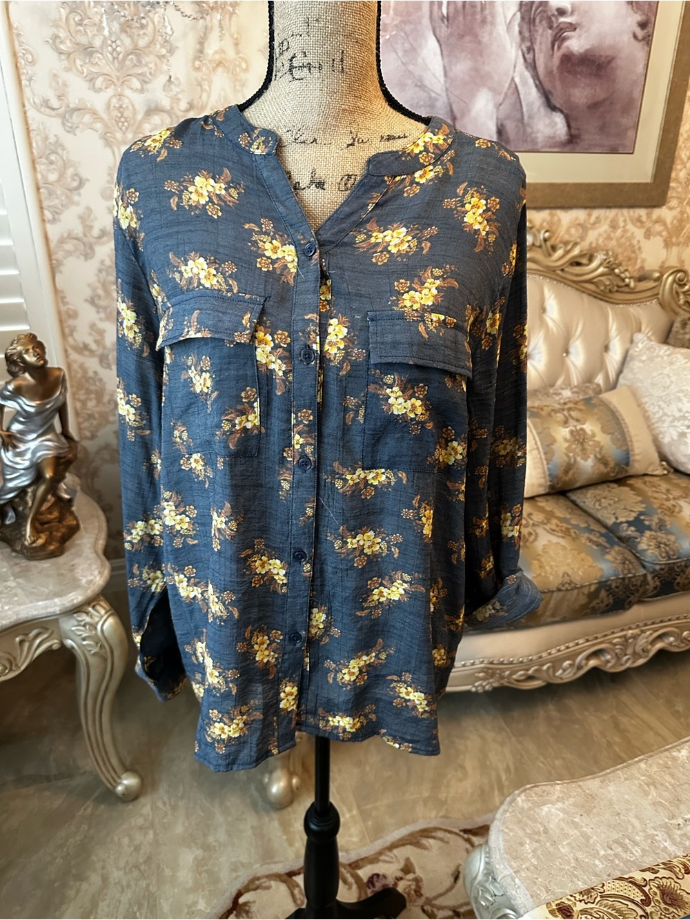 American Eagle Outfitters Navy Blue Button-Down Floral Shirt